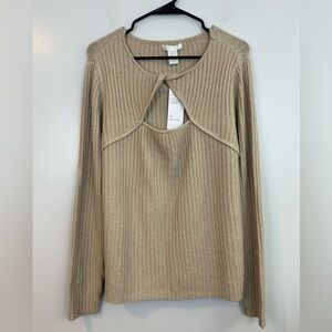NWT Design History Oatmeal Brown Twist Cut Out Pullover Ribbed Sweater Size XL